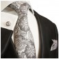 Preview: Krawatte silber schwarz paisley floral brokat Seide mit Einstecktuch und Manschettenknöpfe