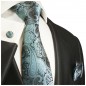 Preview: Krawatte tuerkis mit Einstecktuch und Manschettenknöpfen grau paisley Seide 590