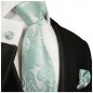 Preview: Krawatte türkis mit Einstecktuch und Manschettenknöpfe paisley brokat 989