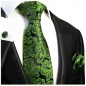 Preview: Krawatte grün paisley mit Einstecktuch und Manschettenknöpfen