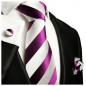 Preview: Krawatte pink weiß Seide gestreift mit Einstecktuch und Manschettenknöpfe