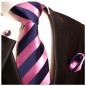 Preview: Krawatte dunkelblau pink gestreift mit Einstecktuch und Manschettenknöpfen 453