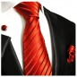 Preview: Krawatte rot uni gestreift Seide mit Einstecktuch und Manschettenknöpfe