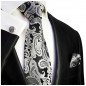 Preview: Krawatte schwarz silber paisley Seide mit Einstecktuch und Manschettenknöpfe