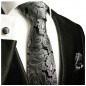 Preview: Krawatte grau schwarz paisley brokat Seide mit Einstecktuch und Manschettenknöpfe