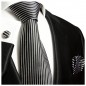 Preview: Krawatte schwarz silber gestreift Seide mit Einstecktuch und Manschettenknöpfe