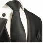 Preview: Krawatte schwarz uni kariert Seide mit Einstecktuch und Manschettenknöpfe