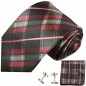 Preview: Pink schwarze Krawatte Seide Schottenmuster kariert mit Einstecktuch und Manschettenknöpfe