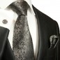 Preview: Krawatte silber grau schwarz barock Seide mit Einstecktuch und Manschettenknöpfe