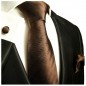 Preview: Krawatte braun uni mit Einstecktuch und Manschettenknöpfe