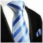 Preview: Krawatte blau gestreift hellblau und dunkelblau mit Einstecktuch 763