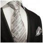 Preview: Krawatte weiß grau gestreift Seide mit Einstecktuch