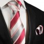 Preview: Krawatte pink rot weiß silber gestreift Seide mit Einstecktuch und Manschettenknöpfe