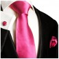 Preview: Krawatte pink rosa uni Seide mit Einstecktuch und Manschettenknöpfen