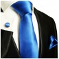 Preview: Krawatte blau uni mit Einstecktuch und Manschettenknöpfe 905
