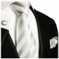 Preview: Krawatte silber weiß gestreift Seide mit Einstecktuch und Manschettenknöpfe