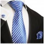Preview: Krawatte blau gestreift mit Einstecktuch und Manschettenknöpfe Seide 923