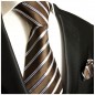Preview: Krawatte braun blau gestreift Seide mit Einstecktuch