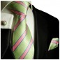 Preview: Krawatte grün pink mit Einstecktuch und Manschettenknöpfen