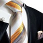 Preview: Krawatte gold grau gestreift Seidenkrawatte - Seide - Krawatte mit Einstecktuch und Manschettenknöpfe