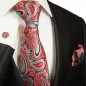 Preview: Krawatte rot grau schwarz paisley Seide mit Einstecktuch und Manschettenknöpfe