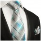 Preview: Krawatte türkis mit Einstecktuch grau weiss gestreift Seide 2027