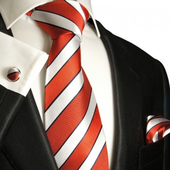Extra langes Krawatten Set rot silber 3tlg. 100% Seide + Einstecktuch + Manschettenknöpfe by Paul Malone 122