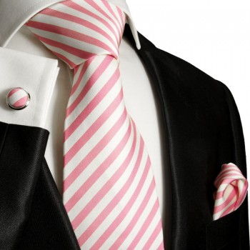 Extra langes Krawatten Set pink white 3tlg. 100% Seide + Einstecktuch + Manschettenknöpfe by Paul Malone 127