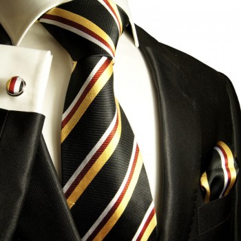 Extra langes Krawatten Set schwarz rot 3tlg. 100% Seide + Einstecktuch + Manschettenknöpfe by Paul Malone 132