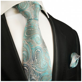 Extra lange Krawatte 165cm - türkis grau paisley