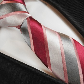 Paul Malone XL Krawatte 165cm rot pink silber gestreifte Seidenkrawatte 2046