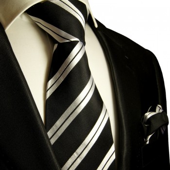 Schwarz silbernes extra langes XL Krawatten Set 2tlg. 100% Seidenkrawatte + Einstecktuch by Paul Malone 279