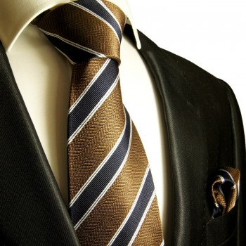 Braun blaues extra langes XL Krawatten Set 2tlg. 100% Seidenkrawatte + Einstecktuch by Paul Malone 286