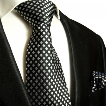 Schwarz silbernes extra langes XL Krawatten Set 2tlg. 100% Seidenkrawatte + Einstecktuch by Paul Malone 305
