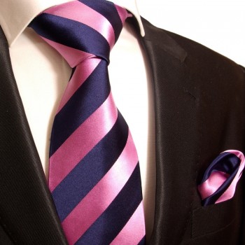 Pink blaues extra langes XL Krawatten Set 2tlg. 100% Seidenkrawatte + Einstecktuch by Paul Malone 453