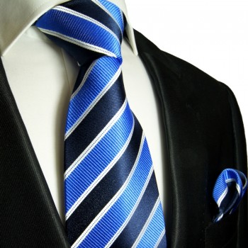 Blaues extra langes XL Krawatten Set 2tlg. 100% Seidenkrawatte + Einstecktuch by Paul Malone 454