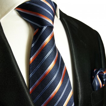 Blau oranges extra langes XL Krawatten Set 2tlg. 100% Seidenkrawatte + Einstecktuch by Paul Malone 722