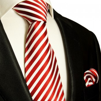 Rot weißes extra langes XL Krawatten Set 2tlg. 100% Seidenkrawatte + Einstecktuch by Paul Malone 852