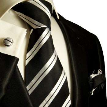 Extra langes Krawatten Set schwarz silber 3tlg. 100% Seide + Einstecktuch + Manschettenknöpfe by Paul Malone 279