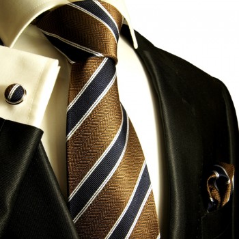 Extra langes Krawatten Set braun 3tlg. 100% Seide + Einstecktuch + Manschettenknöpfe by Paul Malone 286