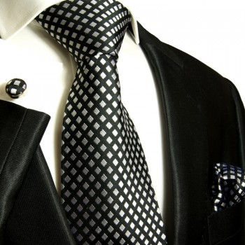 Extra langes Krawatten Set schwarz silber 3tlg. 100% Seide + Einstecktuch + Manschettenknöpfe by Paul Malone 305