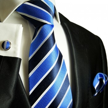 Extra langes Krawatten Set blau 3tlg. 100% Seide + Einstecktuch + Manschettenknöpfe by Paul Malone 454