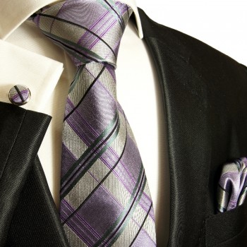 Extra langes Krawatten Set lila 3tlg. 100% Seide + Einstecktuch + Manschettenknöpfe by Paul Malone 507