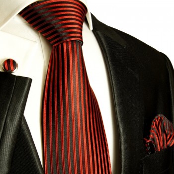 Extra langes Krawatten Set schwarz rot 3tlg. 100% Seide + Einstecktuch + Manschettenknöpfe 632