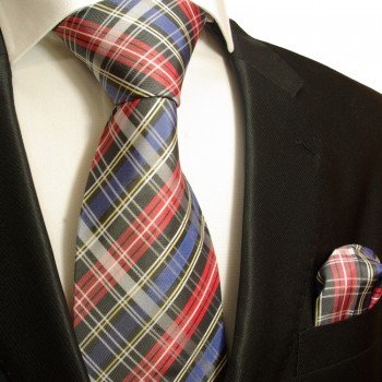 Blau rotes extra langes XL Krawatten Set 2tlg. 100% Seidenkrawatte + Einstecktuch 636