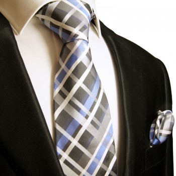 Blaue extra langes XL Krawatten Set 2tlg. 100% Seidenkrawatte + Einstecktuch 991