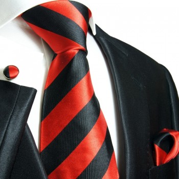 Rot schwarzes XL Krawatten Set 3tlg. (extra lange 165cm) 100% Seide + Einstecktuch + Manschettenknöpfe 719