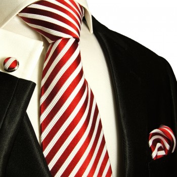 Rot weisses XL Krawatten Set 3tlg. (extra lange 165cm) 100% Seide + Einstecktuch + Manschettenknöpfe 852