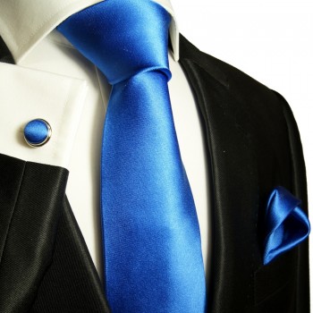 Blaues XL Krawatten Set 3tlg. (extra lange 165cm) 100% Seide + Einstecktuch + Manschettenknöpfe 905