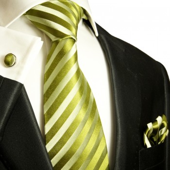 Grünes XL Krawatten Set 3tlg. (extra lange 165cm) 100% Seide + Einstecktuch + Manschettenknöpfe 984